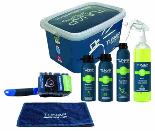 TUNAP SPORTS Bike-Pflege Set | Komplettes Pflegeset für Reinigung & Wartung | Inkl. Federgabel- & Fahrradreiniger sowie Multifunktionsöl & Rahmenpflege | Mikrofasertuch & Bürste | Made in Germany