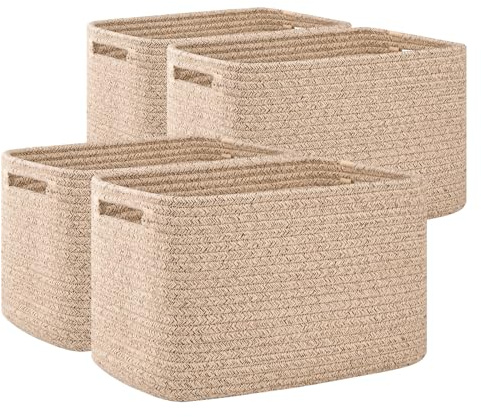 OIAHOMY 4 Pack Storage Baskets for Organizing, Cube Storage Bins for Shelves, Rectangle Storage Baskets With Handles, Woven Baskets for Storage, 12.7''Lx9''Wx7.8''H, Brown