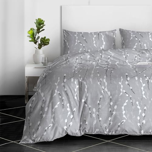 3-Piece 100% Egyptian Cotton Printed Duvet Cover Set - 400 Thread Count Double Size Bed Cover with 2 Pillowcases - Reversible Quilt Bedding Set (Silver Mist, Double)