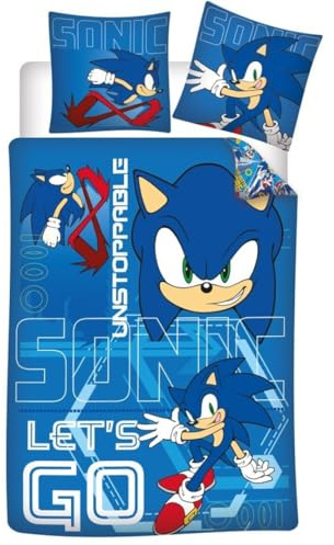 Sonic Unstoppable Funda Nórdica Cama 90 140x200 + Funda Almohada 65x65 Azul | Ropa de cama reversible | Polialgodón secado rápido Oeko-Tex | SEGA oficial | Niño | Regalo | Lavable a máquina