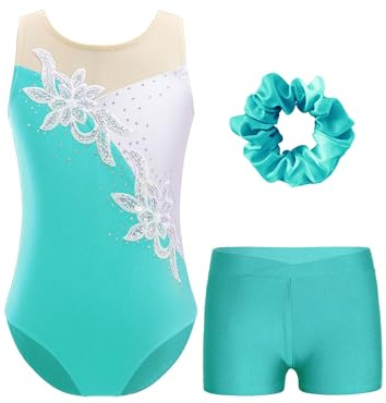 Agoky Tuta Leotard da Ginnastica Artistica per Bambina Ragazza Body da Balletto Ballerina Body Danza Classica con Copricapo Body da Pattinaggio Pantaloncini Dancewear Blu verde 15-16 anni