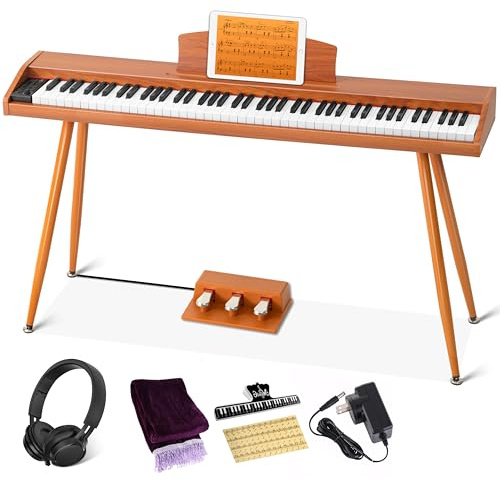 UISCOM Digital Piano Keyboard 88 Key Semi-Weighted for Beginners,Full Size Electric Piano with Stand,Triple Pedal,Adapter,Sheet Music Stand,Headphone,USB-MIDI Compatible,Wood Brown