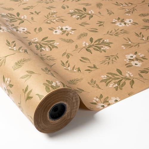 PAKOT – Papel Regalo Kraft Marrón con Diseño de Hojas y Plantas Verdes – Rollo 70 cm x 50 m – Para Envolver Regalos, Ramos de Flores, Tiendas y Decoración para Bodas