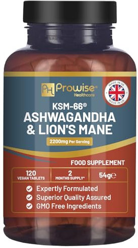 KSM-66 Ashwagandha och Lions Mane Tabletter - Högstyrka 2200mg | KSM-66 Ashwagandha rotextrakt och lejonmansvampextrakt - 120 veganska tabletter med svartpeppar - Storbritannien gjord av Prowise