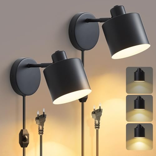Glowlit Wandlampe mit Stecker Dimmbarem Schalter, Schwarze Wandleuchte Innen mit 360° Drehbar, E27 Wandleuchte Industrial 60W Wandstrahler Innen für Wohnzimmer Schlafzimmer Flur