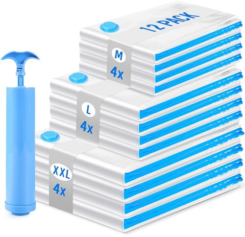 Sacchetti Sottovuoto Vestiti 12 Pezzi 4XXL*100x80cm+4L*80x60cm+4M*60x40cm Buste Sottovuoto Sacchetti per Piumone Cuscini Contenere Coperte Vestiti Lenzuola Tende