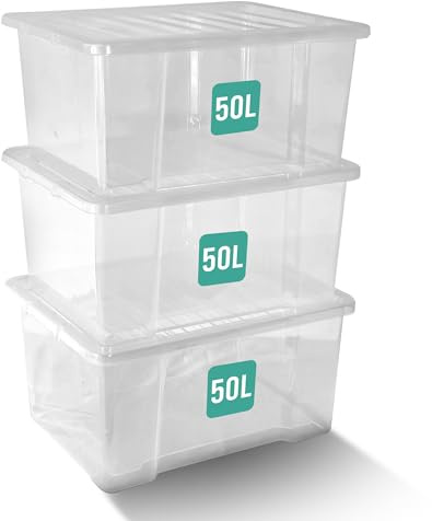 Klass Home Collection 3 x 50 Litre Plastic Storage Boxes With Lids Set of 3, Strong Multipurpose Stackable Large Storage Box With Lid 50L Clear Containers For Home, Kitchen, Garage, Office