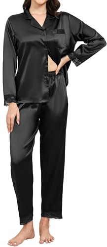 TeJoyce Pijama Mujer Seda Largo Invierno, Dos Piezas Raso Ropa de Dormir, Conjunto Satén Camiseta Encaje Manga Larga con Botones Abierto y Pantalón, Elegante y Cómodo Ropa de Casa S-XXL