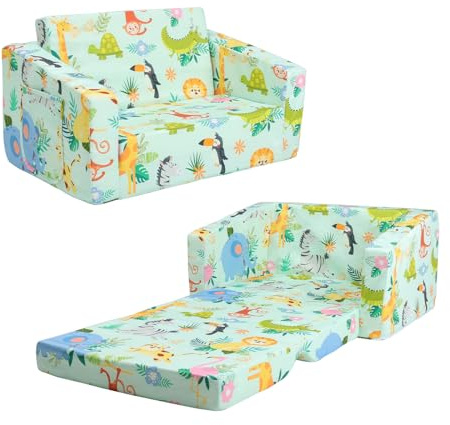 Divano Letto per Bambini 2-in-1 Pieghevole Schienale Poltrona, Comoda Stabile Divano Bambini con Tasca in Stoffa, Divano Pieghevole Leggero Apribile per Camera da Letto, Soggiorno, Animali Beige