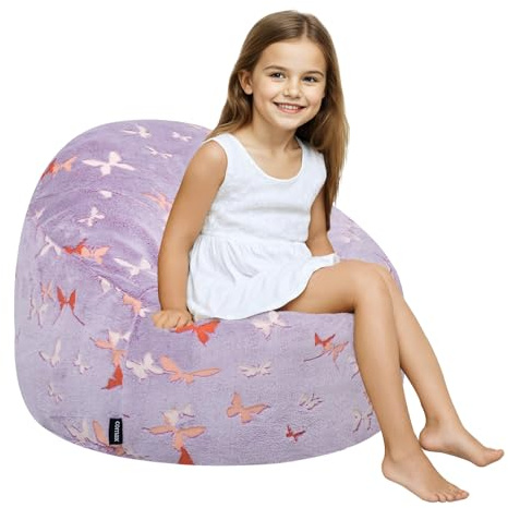 MeMoreCool Kids Bean Bag Chair, Toddler Sofa, 70x70x52cm, Purple Butterfly | Toddler Beanbag Couch With Filling Included, Baby Bean Chair For Girls Boys, Reading, Bedroom And Children Furniture
