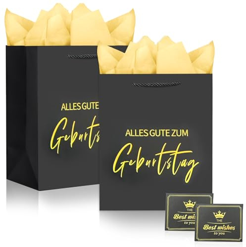 ePicsoa Geschenktüten Geburtstag 25x21x10cm, 2 Groß Geschenktasche mit 4 Seidenpapier und 2 Karten, Geburtstagsgeschenk Verpackung, Papier Happy Birthday Tüte mit Griff Verpackung für Frau Mann