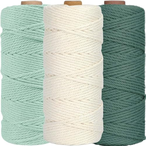 WINOK Lot de 3 fils de macramé 3 mm x 100 m - Multicolore - Fil naturel en coton - Pour plantes murales, artisanat - Blanc, vert foncé, vert clair