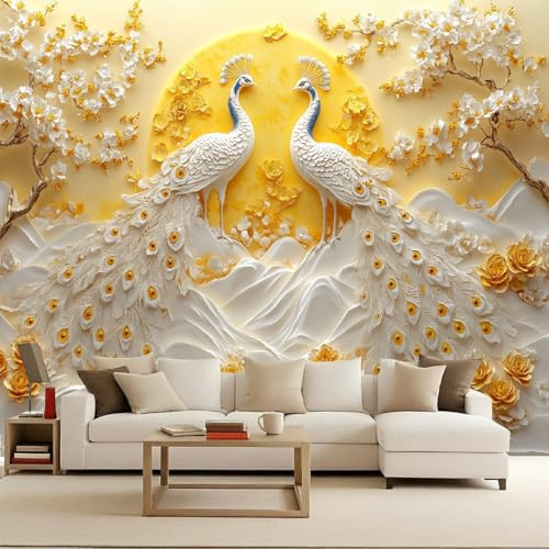 Fotomurales Decorativos Pared Pavo real 500x280 cm Papel Pintado Tejido No Tejido Ave Fotomural 3D Mural Paredes Papel Tapiz Barroco Decoración Salón o Dormitorio