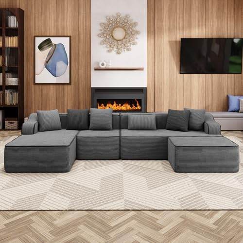 ALPHA HOME Ecksofa mit Schlaffunktion, U-Form Boneless Couch, Modulares Sofa mit 6 Zierkissen für das Wohnzimmer, Montagefrei, Cord, Grau