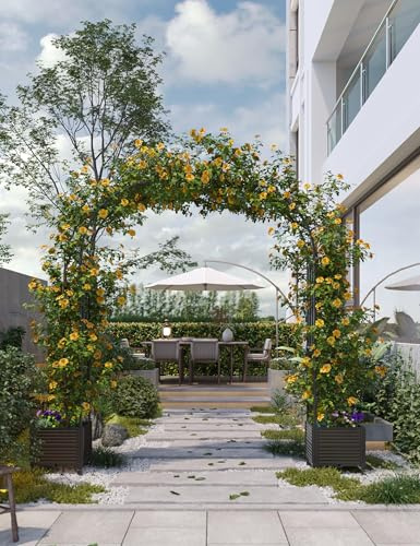 Garvee Arco da Giardino con Fioriera e Ruote Bloccabili, Altezza 2.4m Traliccio per Piante Rampicanti in Metallo, Supporto per Rose Edera Matrimoni Decorazione Esterna, PP Resistente UV