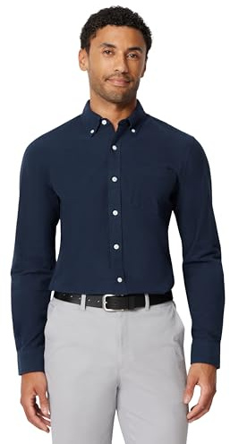 Amazon Essentials Camisa Oxford Ajustada de Manga Larga con Bolsillo Hombre, Azul Marino, M