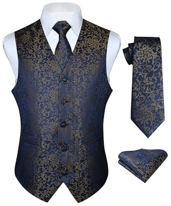 HISDERN Men's Floral Wedding Party Waistcoat Necktie Pocket Square Handkerchief Jacquard Vest Suit Set, Navy Blue, XL(Chest size 48inches)