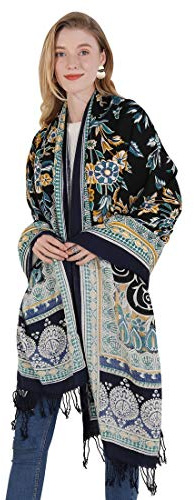 DANA XU Grande couverture 100% pure laine pashmina en cachemire doux dupatta châles et châles pour femme robe de soirée, 46 Noir et gris, 96 * 43 INCHES