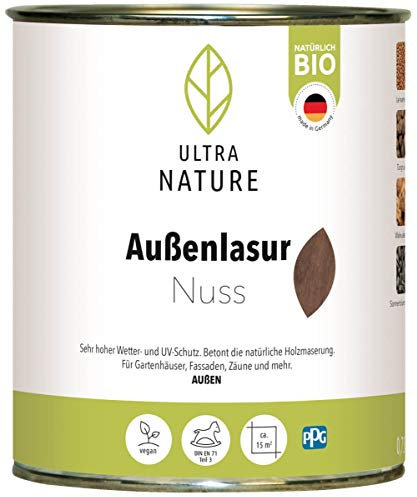 ULTRA NATURE Barniz para exteriores, 0,75 l, nogal, vegano, natural, orgánico, sin disolventes, barniz protector de madera