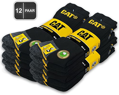 CAT 12 Paires CATERPILLAR REAL WORK SOCKS chaussettes de travail femmes hommes chaussettes de travail chaussettes d'affaires bas taille 35-50 (41-45, Noir)