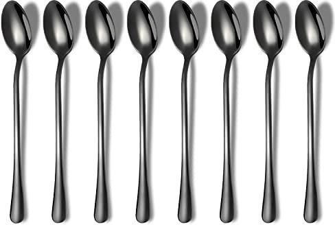 HOMQUEN Cucchiaio a Manico Lungo Nero, Agitatore Da Caffè In Acciaio Inossidabile Premium, Set Di 8 - Per Tè Freddo, Gelato, Cocktail (Nero)