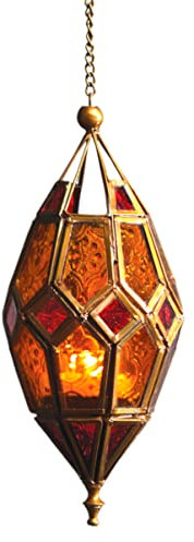 Moroccan Style Hanging Glass Tealight Lantern (Medium Red/Yellow)