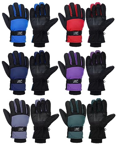 Bencailor 6 Pairs Kids Winter Gloves Waterproof Ski Glove Boy Girl Warm Snow Snowboard Mittens for Cold Unisex(Red Green Blue Purple Gray Dark Blue,8-12 Years,Classic,Solid Color)