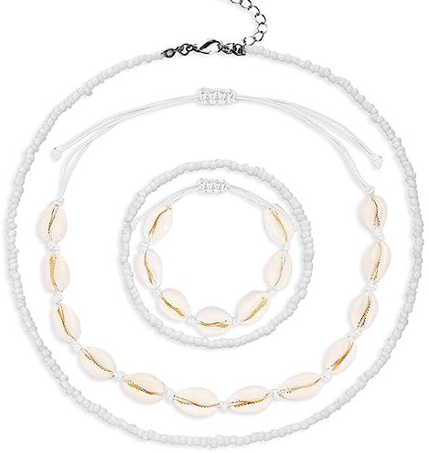 Lucktao 4 Stück Muschel Halskette Armband Set,Damen Natural Shell Choker Halsketten Armband Schmuck Set Boho Muschelkette,Halskette verstellbares Armband für Damen Mädchen Sommer Strand Schmuck.