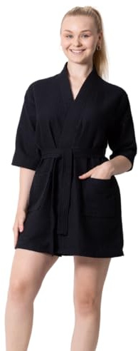 TOWELNROBE Women's Short Cotton Bathrobes - Waffle Square Weave - Lightweight & Comfortable - Absorbant & Breathable - Quick Dry & Soft (Black, One Size)