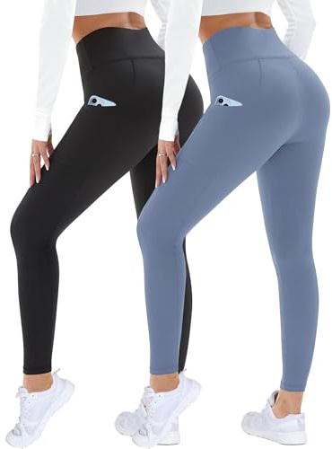 DDOBB 2 Pack Leggings for Women High Waisted Black Gym Leggings with Pockets Tummy Control Stretchy Pants Trousers for Fitness Yoga Running Regular Plus Size