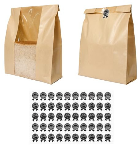 Pumwoy 50 Pezzi Sacchetti di Carta per Pane Con Adesivi e Finestra, Kraft per Sandwich e Alimenti Fatti in Casa