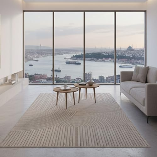 VIMODA Teppich Wohnzimmer Kurzflor Schlafzimmer Wellen Hochtief-Muster/Boho Sakndi,Maße:200x290 cm;Farbe:Taupe