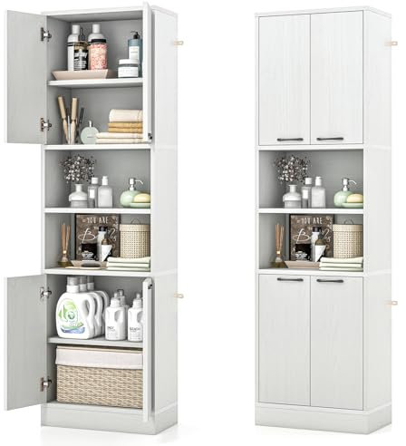 GIANTEX Badschrank Hochschrank, Badezimmerschrank 190 cm Hoch, Badkommode Aufbewahrungsschrank 6 Regalen & 4 Türen, Mehrzweckschrank Sideboard Küchenschrank Vorratsschrank 56x30x190 cm (Eiche Weiß)