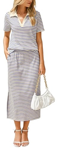 Glamaker Womens 2 Piece Skirt Sets Short Sleeve Polo Top and Midi Skirt Matching Sets Summer Travel Outfits ((Blue Beige M)