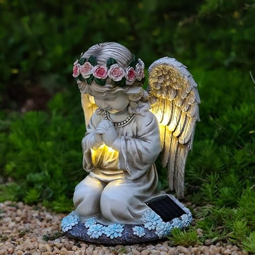 Euakee Solar Engel Gartenfiguren, LED Fairy Engel Figur, Gebetsengel Solarleuchte, Engel Gartenstatuen, Solarbetriebenes Friedhofslicht, Gartendekoration für Grab, Hof Rasen(20,5 cm x 15,5 cm x 14 cm)
