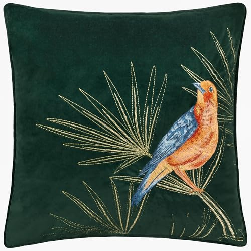 Paoletti Odisha Housse de Coussin Brodée Oiseau Exotique - Émeraude - 45x45cm