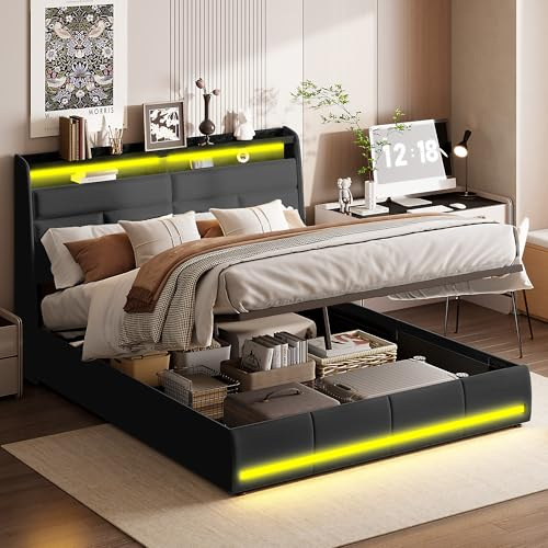 Cama doble tapizada de 140 x 200 cm, cama doble LED con espacio de almacenamiento, cama tapizada con cabecero y somier, cama funcional juvenil, sin colchón
