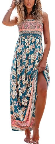 CUPSHE Damen Sommerkleid Gesmokt Ärmellos Maxikleid Rüschen Spaghettiträger Lang Freizeitkleider Maxi Dress Marineblau mit Blumenmuster M