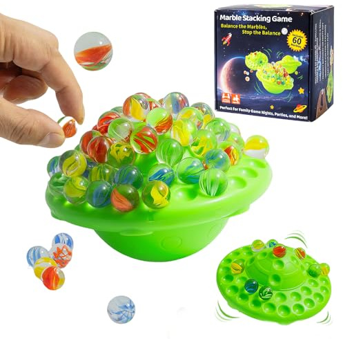 WJUAN Murmelspiel Balance-Abenteuer - 60 Bunte Glasmurmeln mit Staufach | Familienspiel für Kinder & Erwachsene | Partyspiel für 1-4 Spieler