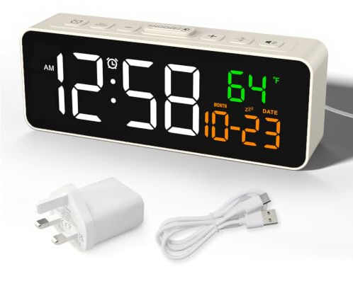 Netzu Digital Alarm Clocks for Living Room, Small Alarm Clock with Temperature, Calendar, 4 Dimmer, 3 Volumes, Loud Digital Clock Mains Powered, Plug-in Alarm Clock Beside for Kids Adults