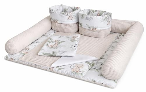 Wickelauflage Set 6-teilig – Wickelunterlage aus Baumwolle & Waffelstoff – Baby Wickelauflage – Geschenk zur Babyparty – Wickeltischauflage – 75x72 cm (Breite x Tiefe), Safari und hellbeige