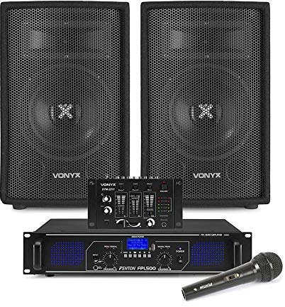 Vonyx SL8 Home DJ Setup - Complete Bedroom DJ Set with 8 Passive Speakers, Fenton FPL500 Bluetooth Amplifier, STM-2211 Mixer & Microphone for Beginner DJs & PA Use