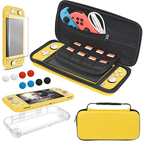 Tasche und Schutzhülle Kompatibel mit Nintendo Switch Lite Zubehör Set, YUANHOT Tragetasche & Hülle für Switch Lite & Displayschutzfolie & Joystick Kappen Schutz - Gelb