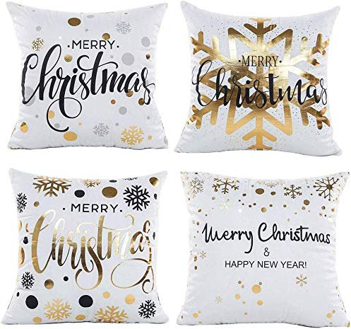 Gspirit 4 Stück Kissenbezug Frohe Weihnachten Dekorative Kissenhülle Winter Weiß Schneeflocke Goldprägung Muster Baumwolle Werfen Sie Kissenbezüge 45x45 cm