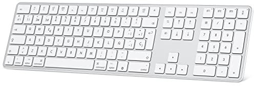 OMOTON Teclado Bluetooth para MacOS(MacBook/Air/Pro/iMac/Mac), Recargable, 3 Canales Bluetooth, diseñado específicamente para Apple (Plata)
