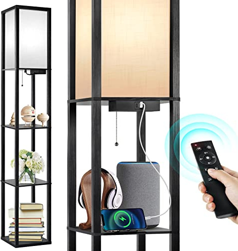 OUTON Lámpara de Pie, Puerto de Carga y Control Remoto, Madera Estante, LED Regulable de 4 Temperaturas de Color, Incluye Bombilla, para Salón, Dormitorio y Oficina, Decoración Vintage, Negro