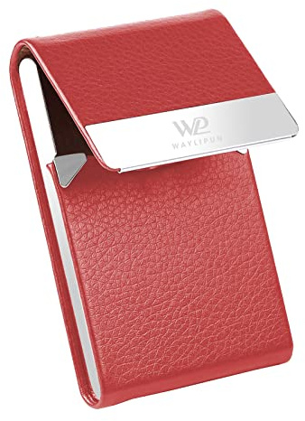 Waylipun Business Card Holders, Professional PU Leather Business Card Case, Slim Metal Pocket Card Holder with Magnetic Shut - Keep Business Cards in Immaculate Condition (Red)