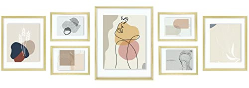 Golden State Art, 7 Pack Floating Frames for One 11x14, Two 8x10, and Four 5x7 Pictures. Aluminum Photos Frame for Wall Display (Gold)