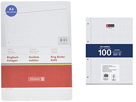 Brunnen Ringbucheinlagen A4 100Blatt liniert, weiß & Miquelrius Nachfüllpackung, 100 Blatt, kariert 4 mm und Rand. A4-Format, 4 Löcher, Papier 90 g.