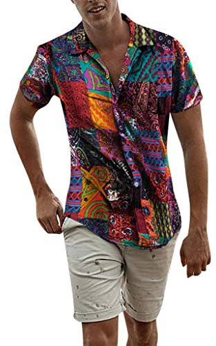 Camisa de lino para hombre, verano, manga corta, Hawaii, camisa de verano, camisa de verano, camisa de lino, camisa de manga corta, cuello alto, corte regular, camisa tradicional